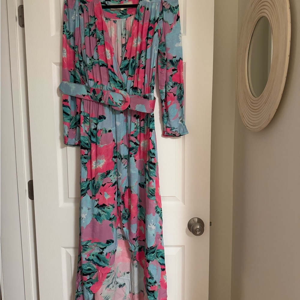 Jen's Pirate Booty Pink Maxi Dress with 3/4 Bishop Sleeves and V-Neck